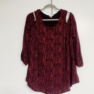 Laura Plus Burgundy Red Sequins Blouse Top Long Sleeve Open Shoulder Sz 1X